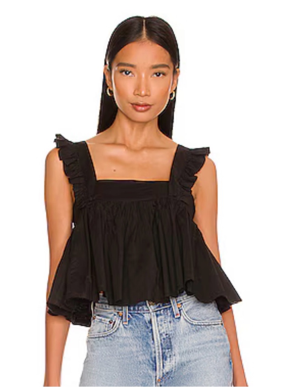 Selkie Black Ruffled Strap Peplum Top